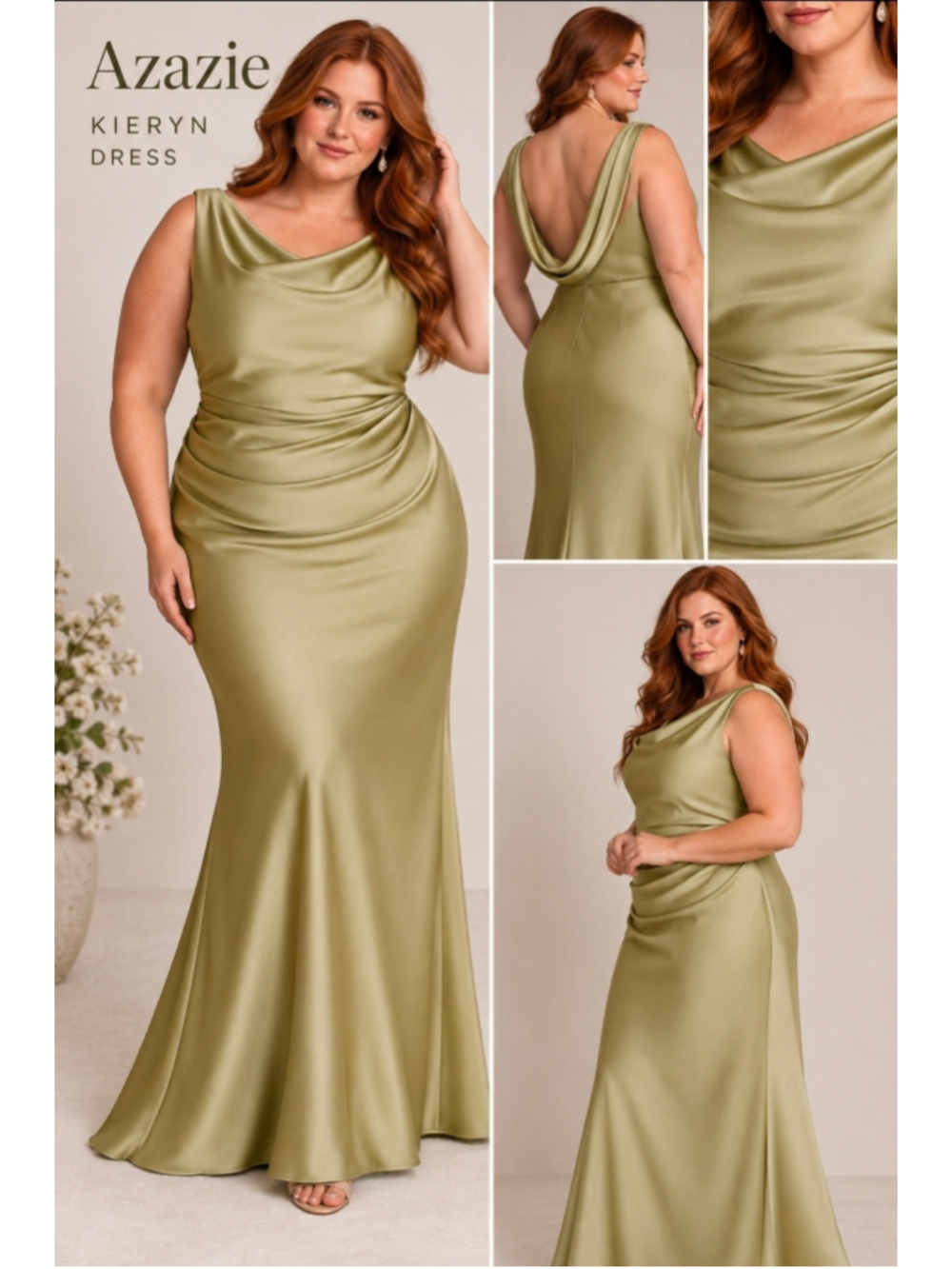 Azazie Kieryn Moss Green Stretch Satin Mermaid Bridesmaid Dress NWT A16